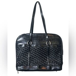 Coldwater Creek Black Laptop Bag Vegan Braided Leather Silver Hardware